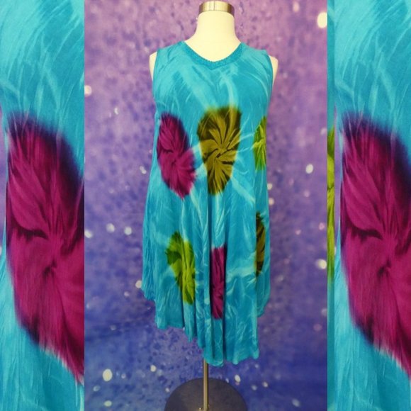 Turquoise Tie Dye V Neck Indian Dress Free Size - Picture 1 of 7